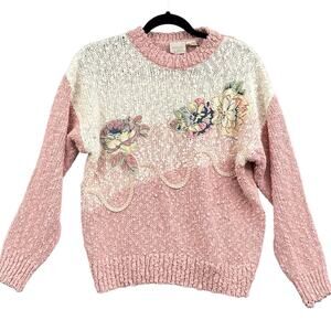 VTG Cottagecore Floral Knit Sweater L Pink Chunky Coquette 90s Soft Girl Granny